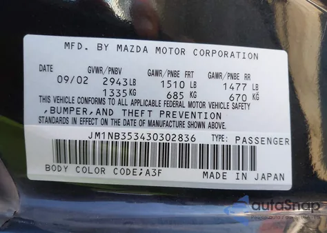 2003 Mazda Mx-5 Miata Cloth/Ls/Se/Shinsen from USA, damaged, VIN JM1NB353430302836
